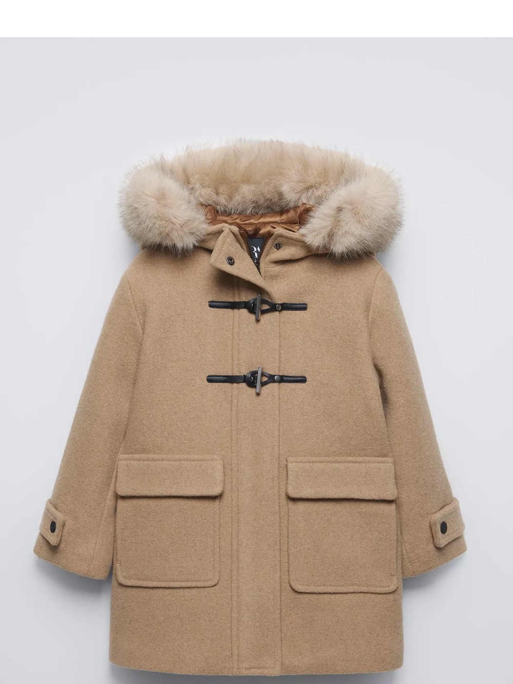 Zara Kids Camel Toggle Pea Coat with Faux Fur Hood